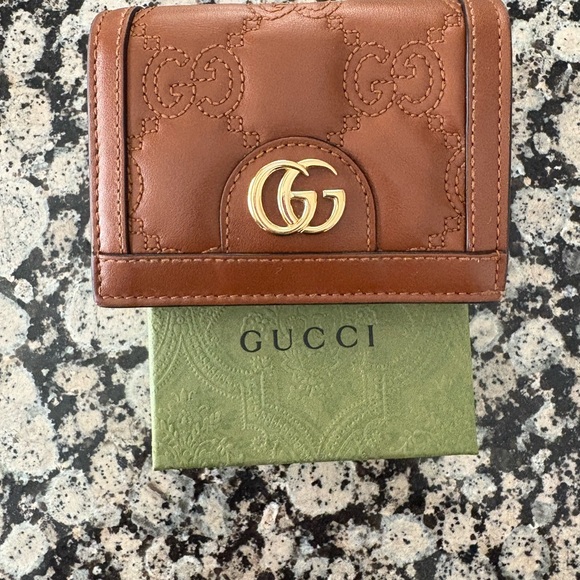 Gucci Handbags - Gucci Marmont Brown Leather GG Embossed small Wallet with Gold Hardware